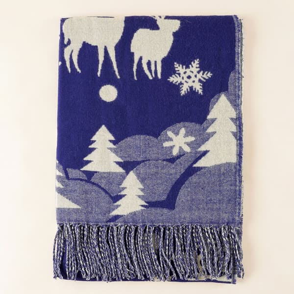 Blått julevarmt frynseskjerf for kvinner (183 x 67 cm)