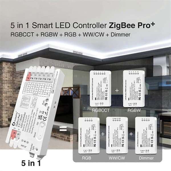 ZigBee 3.0 LED-kontroller 5-i-1 Dimmer 12V 24V 20A RGB/RGBW/RGBCCT/CCT LED-stripe lys Alexa Tuya Smart APP