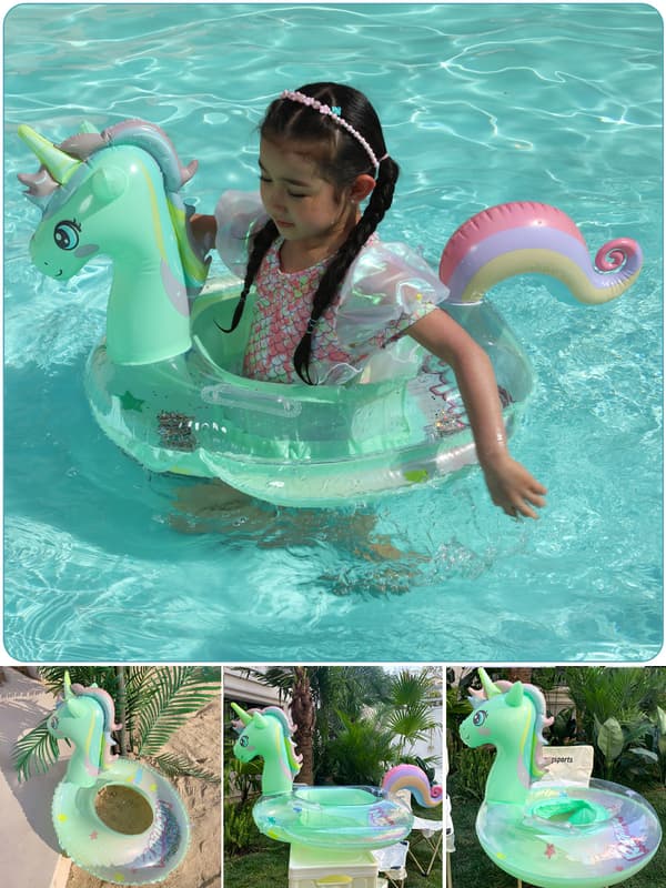 Baby barn simcirkel sitter regnbåge häst simning Inflata