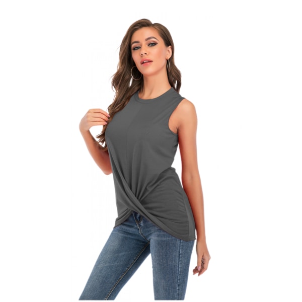 Damlinnen Twist Knot Summer Sleeveless Crew Neck Ärmlös Crinkled T-Shirt --- Grå（Storlek M）