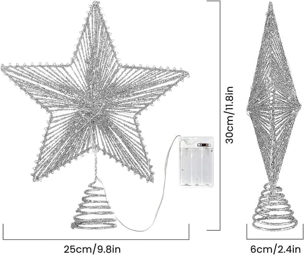 Julestjerne Trætop, Sølv Glitter 3d Stjerne Trætop Med Led-lys Til Juletræ