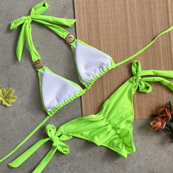 Kvinnlig Sommar Sexig Bikini Set Grimma för Rhinestone för Triangel BH Sidoband Bandage Bottnar Baddräkt Enfärgad Leopard Smycken Baddräkt Green M