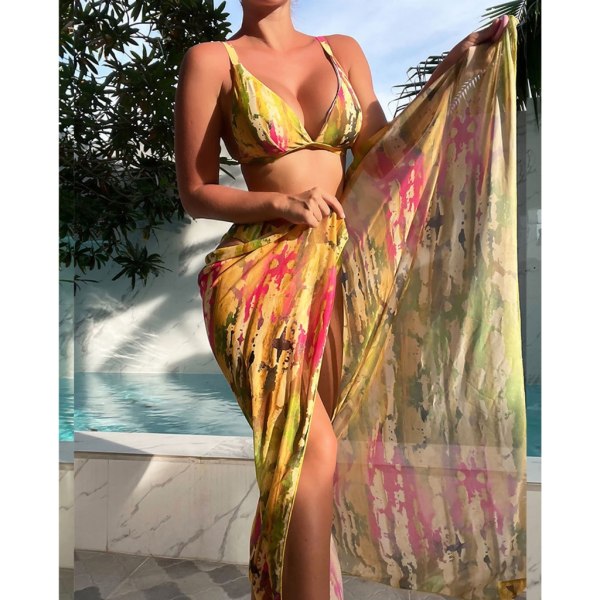 Baddräkt sommar med print för kvinnor 3 delar delade badkläder med strandkjol Dam högskurna bikini baddräkt Strandkläder M