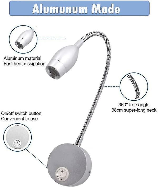 1st LED-slange Spotlight Svanhals leselampe ved sengekanten (sølv)