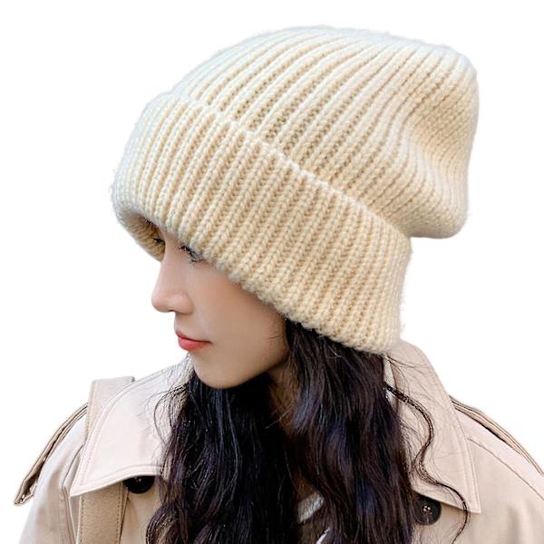 Strikket lue Baggy Slouchy Ribbet flenset Elastisk Hold deg varm Ensfarget Høst Vinter Kvinner Menn Lue for utendørsbruk Beige