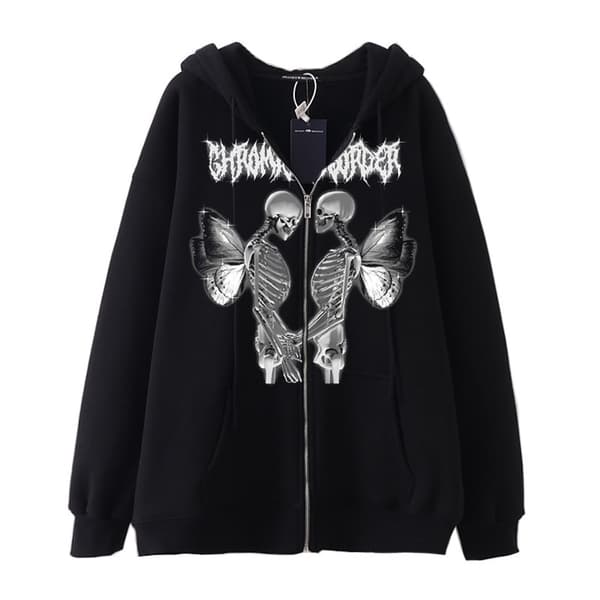 Dame Skelet Zip Up Hættetrøjer Rhinestone Oversized Sweatshirt XL