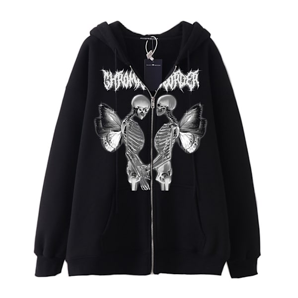 Dame Skjelett Zip Up Hettegensere Rhinestone Oversized Genser L