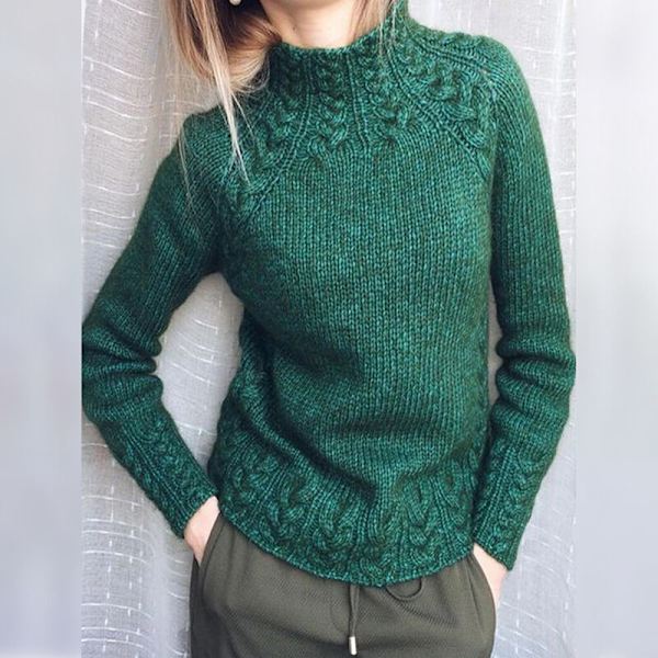 Kvinnor långärmade höghalsade stickade tröjor Enfärgad tröja Green XL
