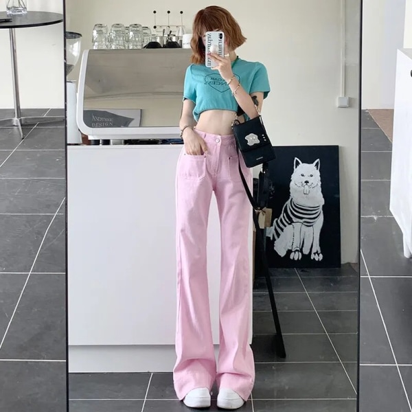 FINORD Retro Ljusrosa Bell Bottom Jeans Dam ed Pocket Streetwear Hög midja Baggy Jeans Lösa koreanska Flare jeansbyxor Pink M