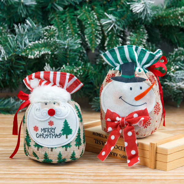 2 jul äpple påse prydnader linne tecknad Santa Snowman gåva