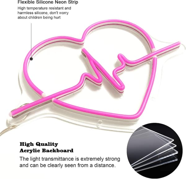 Heart Neonskylt, Led Neon Heart Light, Rosa Neonskylt för sovrummet