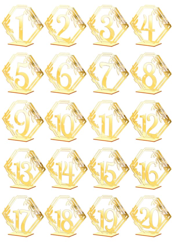 (1-20) 20 Hexagon Numrerade Akryl Middagstallrikar - Guld med Bas