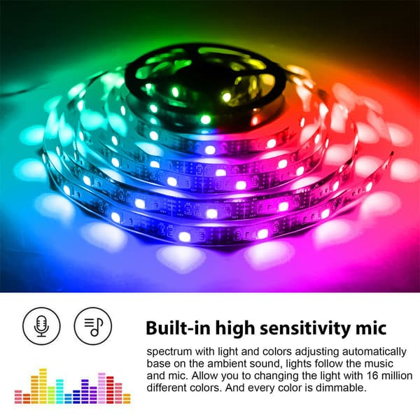LED Strip Lights TV Baggrundsbelysning 5050 RGB Farve Oplader Bluetooth 2 M