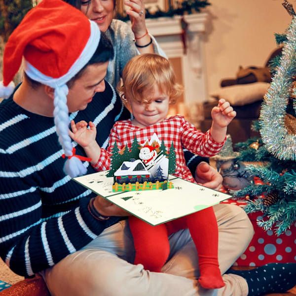 3D Pop Up Card Julkort, vackert jultomte gratulationskort med kuvert（ski）