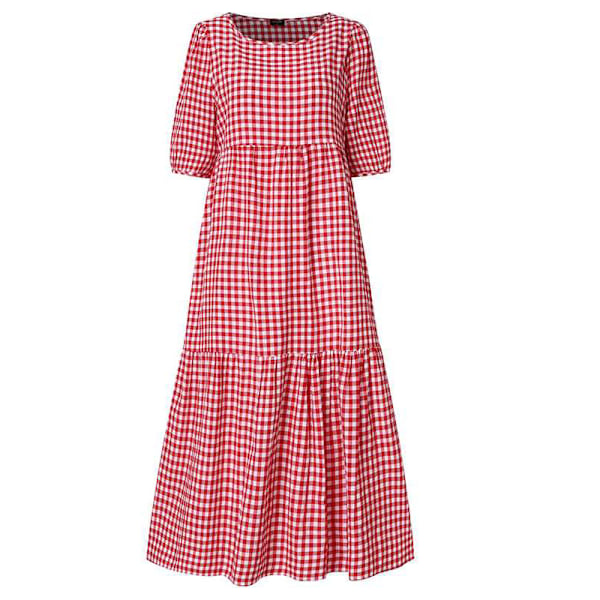 Dame sommerplaid Puffy kortærmet midikjole Red,M