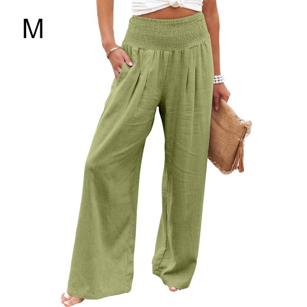 Kvinnliga sommarbyxor Fickor Lösa Casual Wide Leg Lounge Yellow Green M