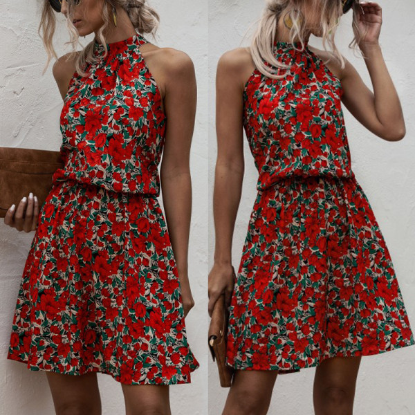 Halterneck Kvinder A-linje Print Kjole Red XL