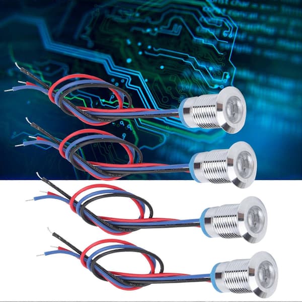 4 sett forhåndskablede runde LED-er vanntett metall 2-farget indikator felles katode 12 mm 12-24V (rød og blå)
