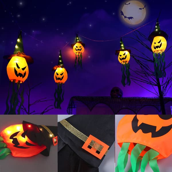 5 LED halloween lanterne lys batteridrevet med timer, 3D orange
