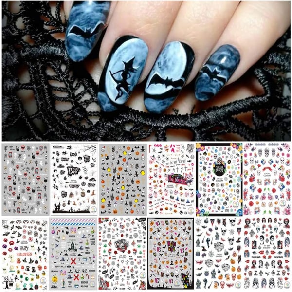 12 ark Halloween Nail Art Stickers, 1500+st självhäftande nagel