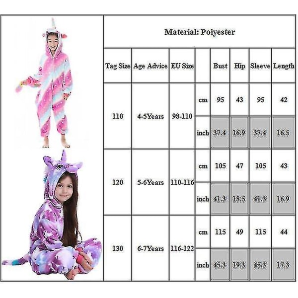 Flickor arn Unicorn 1onesie Kostym Pyjamas Fleece Jumpsuit Mjuk nattkläder Pyjamas Pjs 4-7 år B