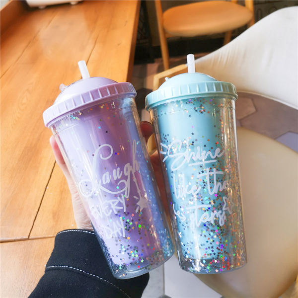 Glitter Pailletdekoreret Plastik Vandflaske med Sugerør og Låg pink