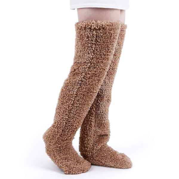 Over Knæhøje Fluffy Strømper Plys Tøfler Strømper Lange Benvarmere Vinterhjem Sove Brown