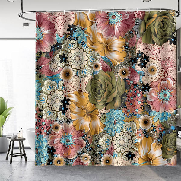 Boho Floral duschdraperi Flerfärgade blommor printed bohemiska etniska set med 12 krokar för badrum, 72"×72"