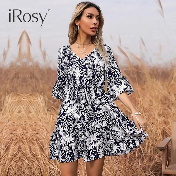 Dame Print V-hals Kort Udsvinget Ærme Elastisk Taljekjole Casual Elegante Sommerkjoler Outfits navyblue XL