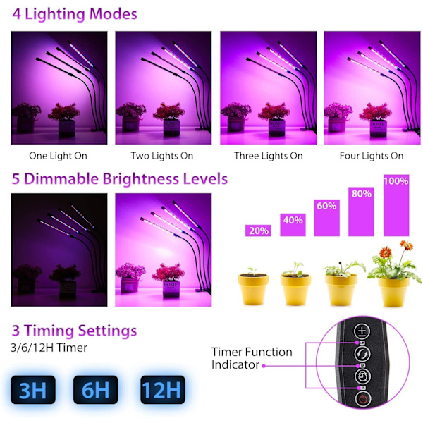 Växtlampa / växtbelysning med 4 flexibla LED lysrör