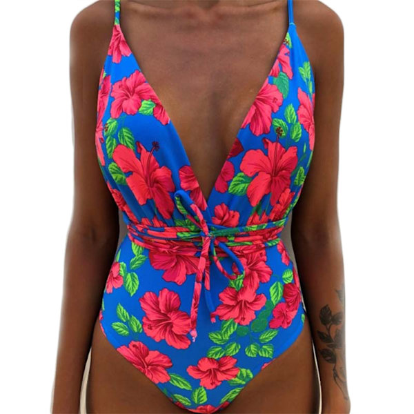 Kvinder V-hals Udskåret Bikini Multi-Way Bandage Monokini Boho Blomster Badedragt 11 S
