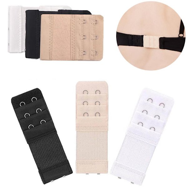 3-pack förlängningsband för behåar - (svart, vit, beige) MultiColor 2 krokar