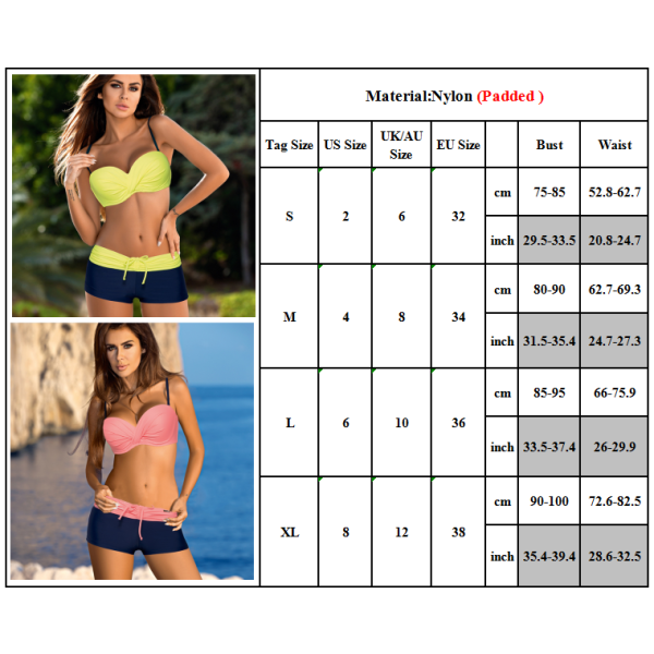 Naisten topatut push-up bikinisetti poikashortsit uimapuku red+navy M