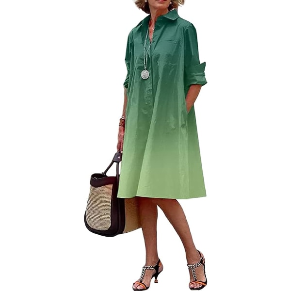 Langærmet linned til damer med enkelt printet Button Down Shirt Kjole Plus Size Løs