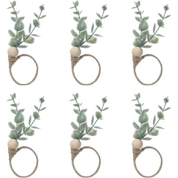 Servietringe Sæt med 6 Rustik Eukalyptus Træ Servietringe Boho Leaf Wood Bead