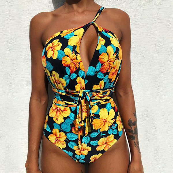 Kvinder V-hals Udskåret Bikini Multi-Way Bandage Monokini Boho Blomster Badedragt 1 L