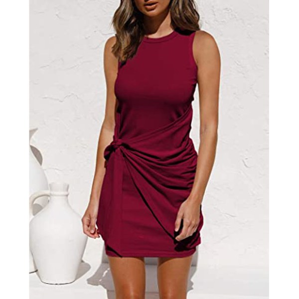 2023 Dame sommer Casual Ermeløs Strandtankkjole Bodycon Rynket Minikjoler Win red S