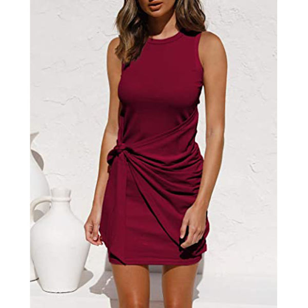 2023 Damer sommar Casual ärmlös strandtankklänning Bodycon Ruched miniklänningar Win red M