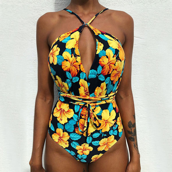 Kvinder V-hals Udskåret Bikini Multi-Way Bandage Monokini Boho Blomster Badedragt 1 L
