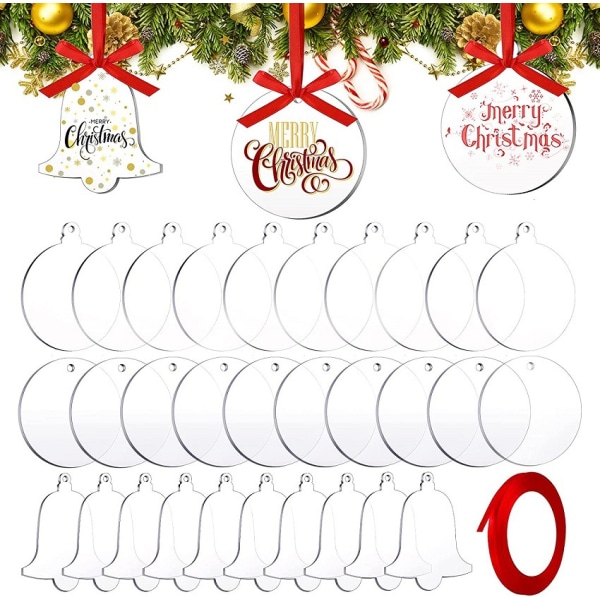Julekuler, 30 stk 3 tommers Xmas klare akrylemner med rødt bånd for juletrepynt Hengende dekorasjon DIY Blank
