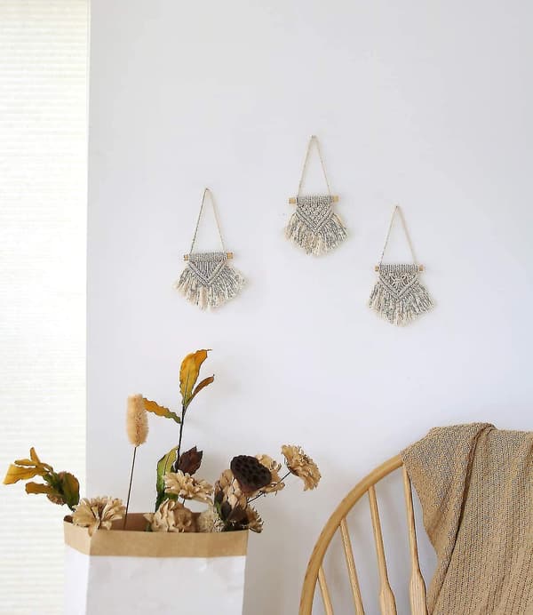 Mini Væghængende Sæt med 3 søde Macrame Holiday Ornaments Boho Art Vævet Dcor