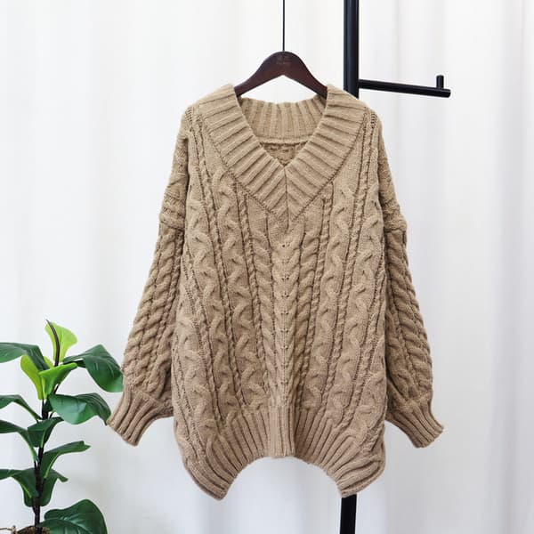 Dame Strikket Høst Vinter Genser Fortykket V-hals Twist Pullover Løs Myk Topp Khaki Average size