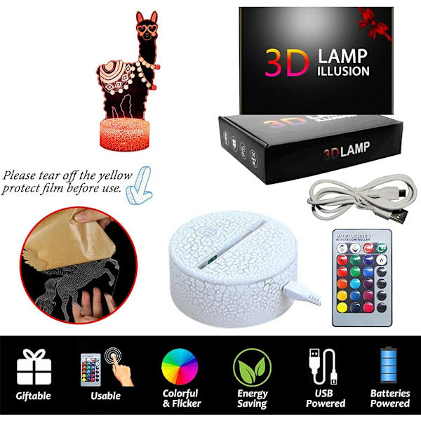 Lama Night Light, 3D Alpaca Illusion Lampor Barn LED Des