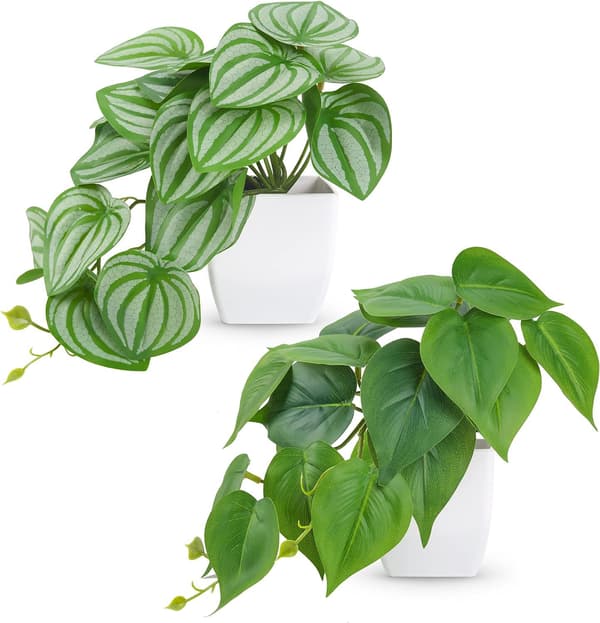 Briful Sæt med 2 små kunstige planter i keramisk potte, falske planter