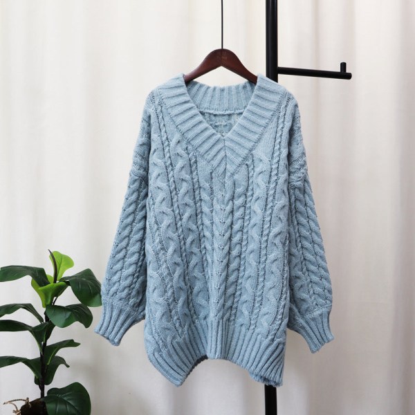Damstickad Höst Vinter Tröja Förtjockad V-ringad Twist Pullover Lös Mjuk Topp Blue Average size
