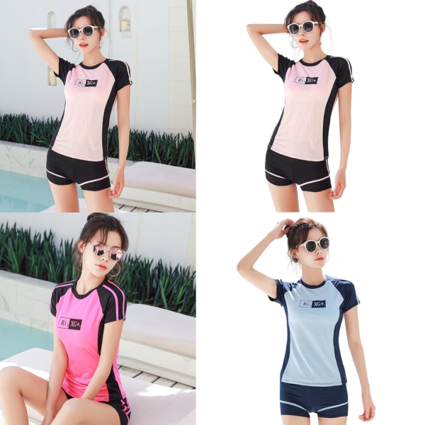Kortärmade kvinnor Rashguard med pojkshorts Tvådelade delade baddräkter Studenter agkontroll badkläder för semester Pink M