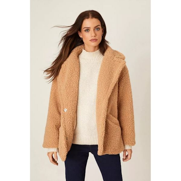Dorothy Perkins, dame/dame, kort teddyfleece Petite Coat Camel M
