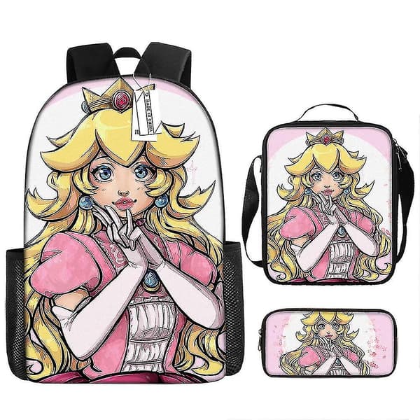 Dejlig Princess Peach Skoletaske Rejserygsæk Madkasse Etui Gave til børn studerende 8