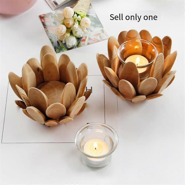 Treblomst Lysestake Tre Søyle Lysestake Blomst Telysholder Tre Trim Lotus Dekor Retro Lysestake