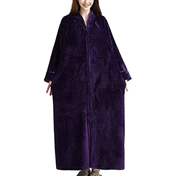 adies Zip Fleece Waffle ång Morgonrock Fluffig Handduk Morgonrock Sovkläder Purple L